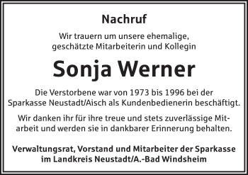 Traueranzeige von Sonja Werner von Neustadt/ Scheinfeld/ Uffenheim