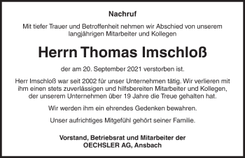 Traueranzeige von Thomas Imschloß von Ansbach