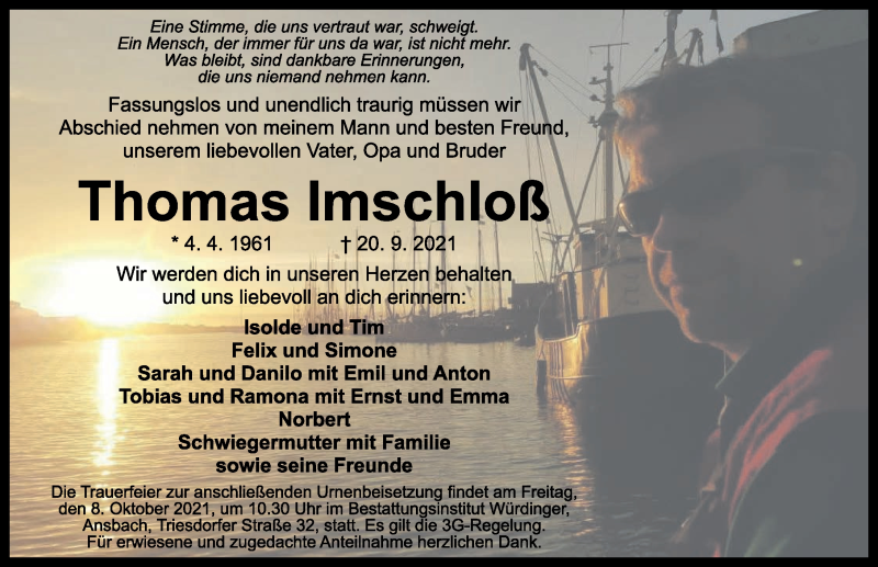 Traueranzeige für Thomas Imschloß vom 25.09.2021 aus Ansbach
