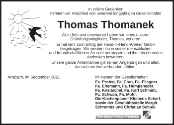 Traueranzeige von Thomas Thomanek von Ansbach