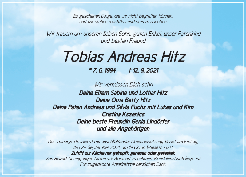  Traueranzeige für Tobias Andreas Hitz vom 22.09.2021 aus Dinkelsbühl/ Feuchtwangen