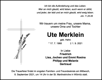 Traueranzeige von Ute Merklein von GE