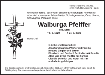 Traueranzeige von Walburga Pfeiffer von Ansbach