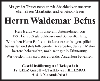 Traueranzeige von Waldemar Befus von Neustadt/ Scheinfeld/ Uffenheim