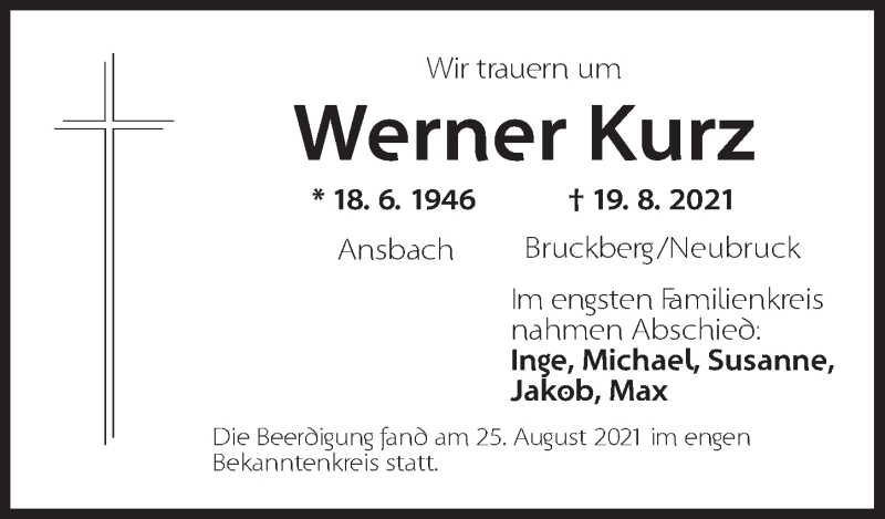  Traueranzeige für Werner Kurz vom 03.09.2021 aus GE