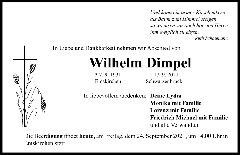  Traueranzeige für Wilhelm Dimpel vom 24.09.2021 aus Neustadt/ Scheinfeld/ Uffenheim