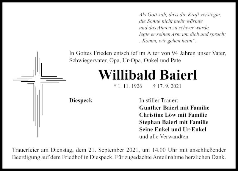  Traueranzeige für Willibald Baierl vom 20.09.2021 aus Neustadt/ Scheinfeld/ Uffenheim