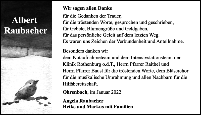  Traueranzeige für Albert Raubacher vom 15.01.2022 aus Rothenburg