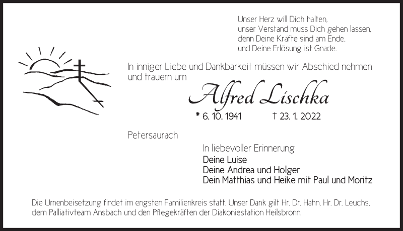  Traueranzeige für Alfred Lischka vom 25.01.2022 aus Ansbach