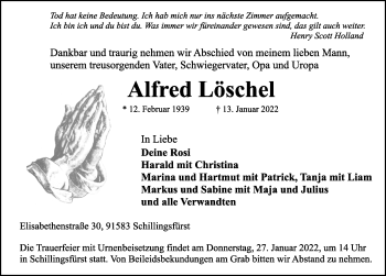 Traueranzeige von Alfred Löschel von Rothenburg