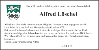 Traueranzeige von Alfred Löschel von Rothenburg