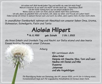 Traueranzeige von Aloisia Hilpert von Ansbach