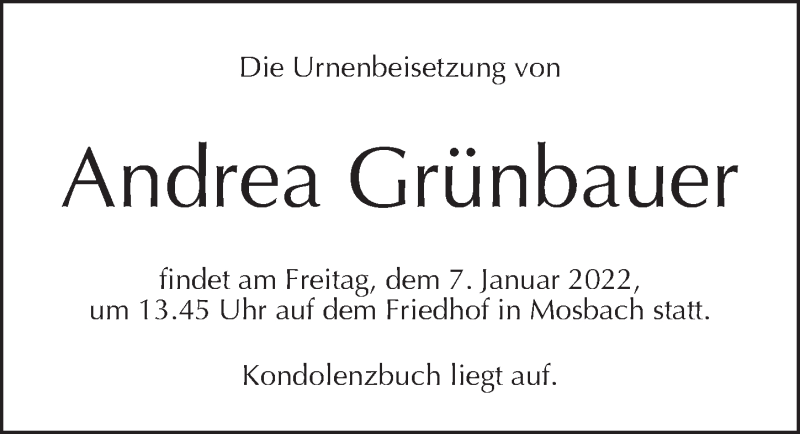  Traueranzeige für Andrea Grünbauer vom 05.01.2022 aus Dinkelsbühl/ Feuchtwangen