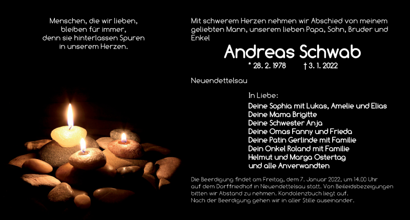  Traueranzeige für Andreas Schwab vom 06.01.2022 aus Ansbach