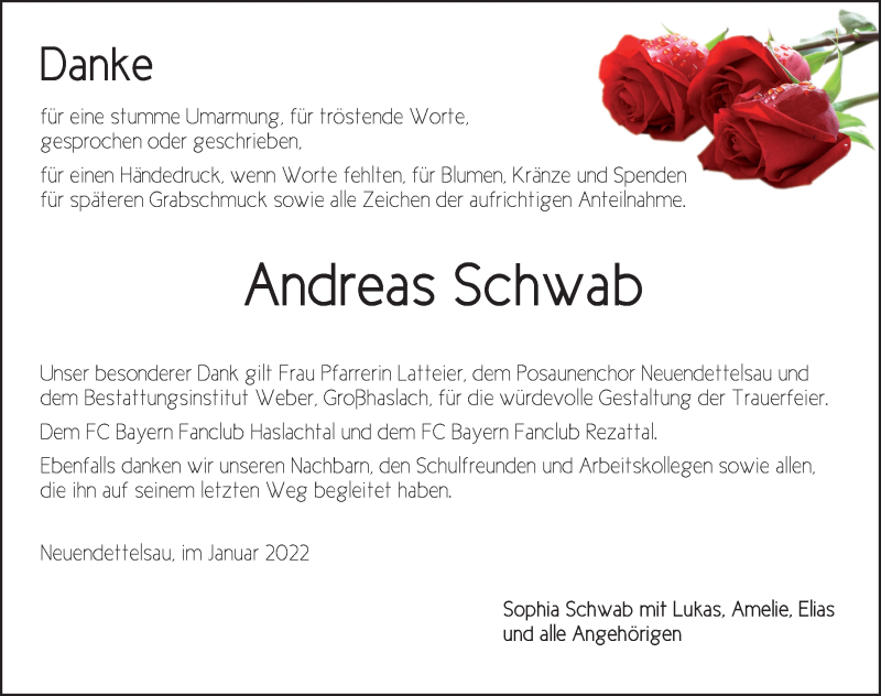  Traueranzeige für Andreas Schwab vom 15.01.2022 aus Ansbach