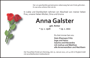 Traueranzeige von Anna Galster von Ansbach