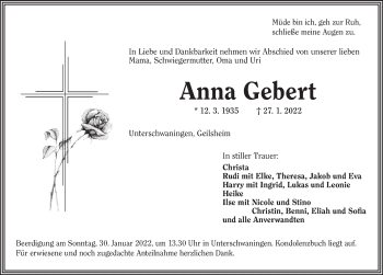 Traueranzeige von Anna Gebert von Dinkelsbühl/ Feuchtwangen