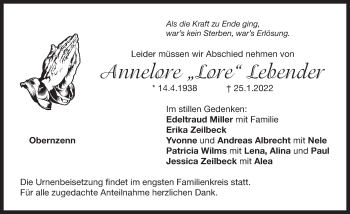 Traueranzeige von Annelore Lebender von Ansbach