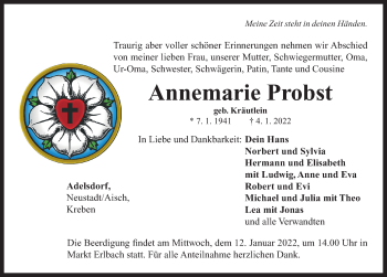 Traueranzeige von Annemarie Probst von Neustadt/ Scheinfeld/ Uffenheim