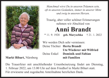 Traueranzeige von Anni Brandt von Neustadt/ Scheinfeld/ Uffenheim