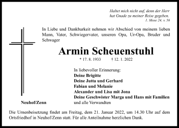 Traueranzeige von Armin Scheuenstuhl von Neustadt/ Scheinfeld/ Uffenheim