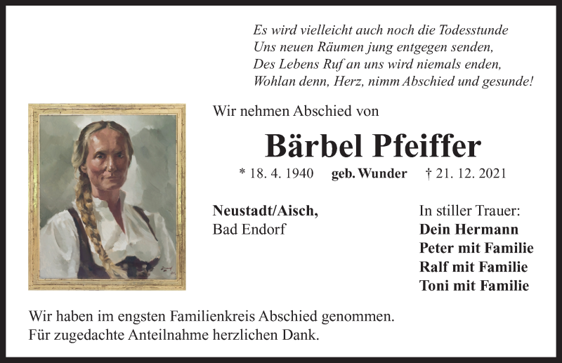  Traueranzeige für Bärbel Pfeiffer vom 14.01.2022 aus Neustadt/ Scheinfeld/ Uffenheim