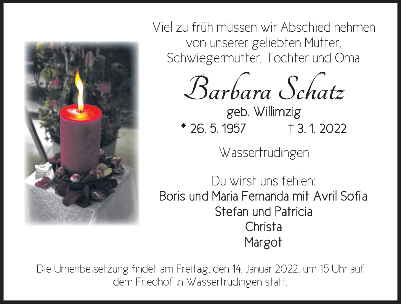  Traueranzeige für Barbara Schatz vom 12.01.2022 aus Dinkelsbühl/ Feuchtwangen
