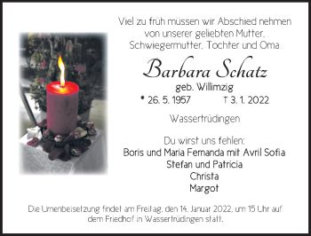 Traueranzeige von Barbara Schatz von Dinkelsbühl/ Feuchtwangen