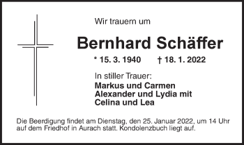 Traueranzeige von Bernhard Schäffer von Ansbach