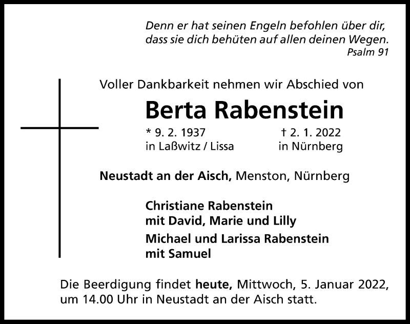  Traueranzeige für Berta Rabenstein vom 05.01.2022 aus Neustadt/ Scheinfeld/ Uffenheim