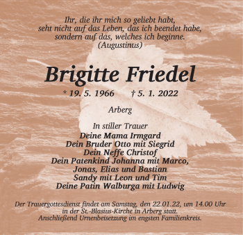 Traueranzeige von Brigitte Friedel von Dinkelsbühl/ Feuchtwangen