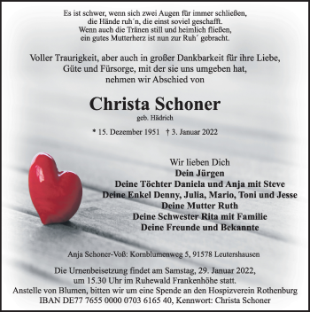 Traueranzeige von Christa Schoner von Ansbach