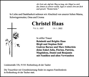 Traueranzeige von Christel Haas von Rothenburg