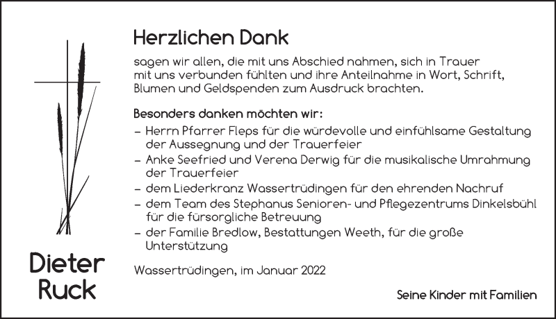  Traueranzeige für Dieter Ruck vom 29.01.2022 aus Dinkelsbühl/ Feuchtwangen
