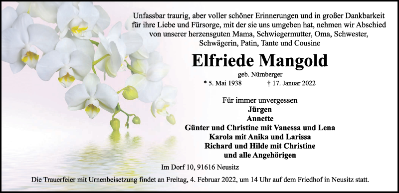  Traueranzeige für Elfriede Mangold vom 29.01.2022 aus Rothenburg