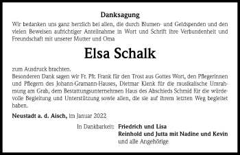 Traueranzeige von Elsa Schalk von Neustadt/ Scheinfeld/ Uffenheim