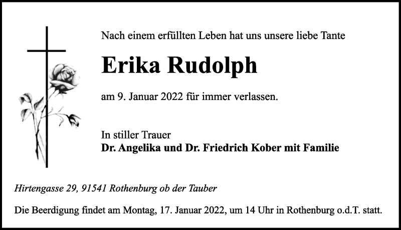  Traueranzeige für Erika Rudolph vom 13.01.2022 aus Rothenburg