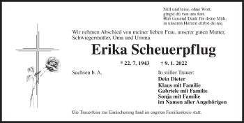 Traueranzeige von Erika Scheuerpflug von Ansbach