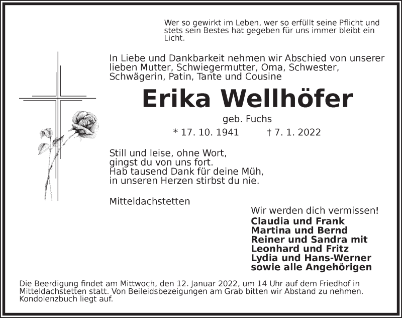  Traueranzeige für Erika Wellhöfer vom 10.01.2022 aus Ansbach