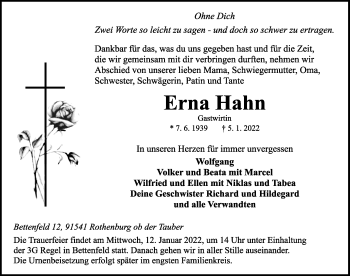 Traueranzeige von Erna Hahn von Rothenburg