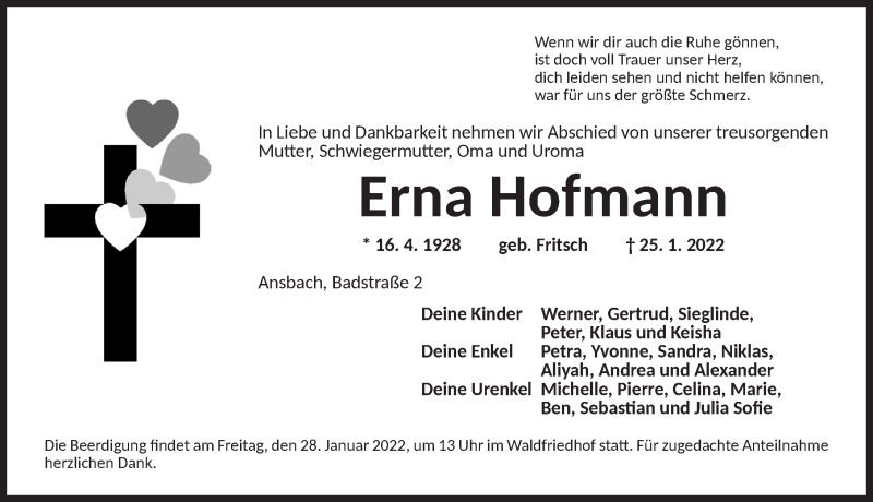  Traueranzeige für Erna Hofmann vom 27.01.2022 aus Ansbach