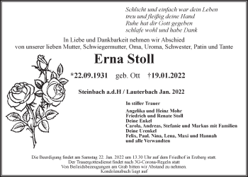 Traueranzeige von Erna Stoll von Rothenburg