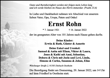 Traueranzeige von Ernst Rohn von Rothenburg