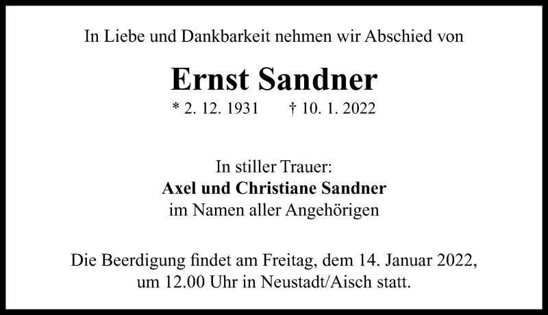  Traueranzeige für Ernst Sandner vom 13.01.2022 aus Neustadt/ Scheinfeld/ Uffenheim