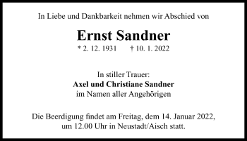 Traueranzeige von Ernst Sandner von Neustadt/ Scheinfeld/ Uffenheim