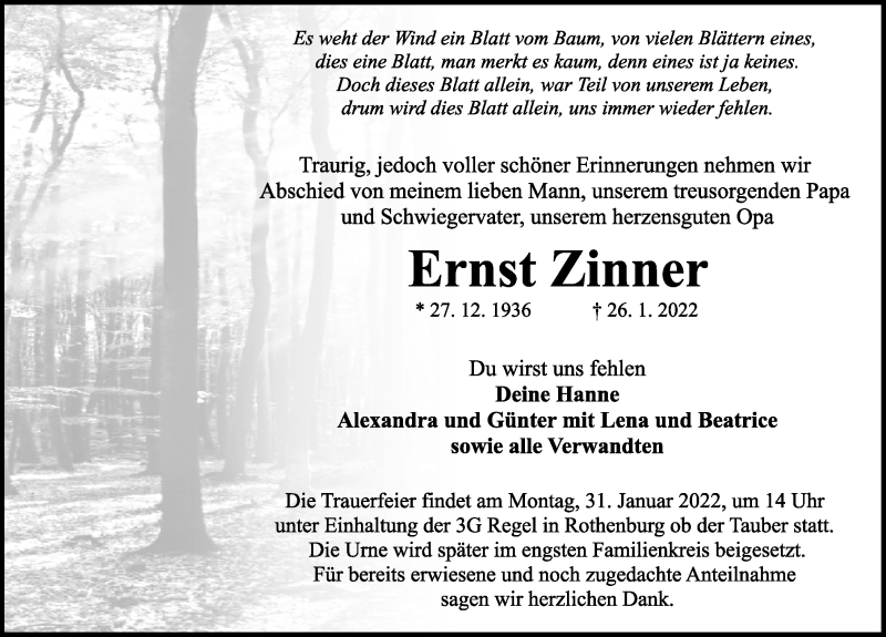  Traueranzeige für Ernst Zinner vom 29.01.2022 aus Rothenburg