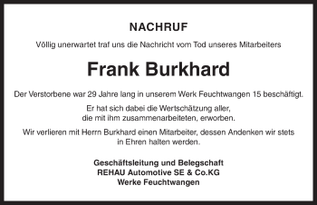 Traueranzeige von Frank Burkhard von Dinkelsbühl/ Feuchtwangen