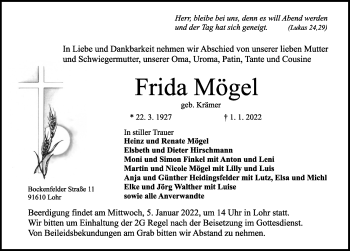 Traueranzeige von Frida Mögel von Ansbach