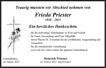 Traueranzeige von Frieda Priester von Ansbach