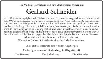 Traueranzeige von Gerhard Schneider von Ansbach